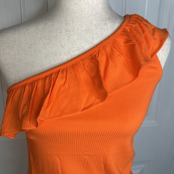 Loft Ruffle Ribbed One Shoulder Tank Top Sz M Orange - Picture 3 of 10
